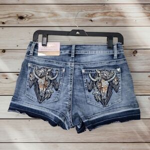 Telepatia Bling Embroidered Bull Sequined Mid Rise Denim Shorts Size 9